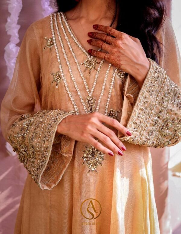 Nargis - Gold Khaadi Net Dress | SONEHRI | Festive Formal Wear'20 - Image 4
