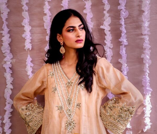 Nargis - Gold Khaadi Net Dress | SONEHRI | Festive Formal Wear'20 - Image 3