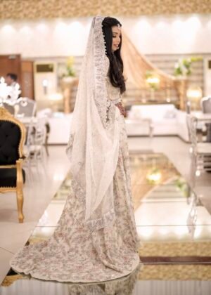 Ivory Lehenga with intricate hand embellishment of kora, dabka, resham and stones.