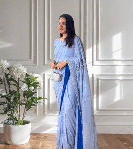 Lureé Embellished Shimmer Chiffon Saree 3 embellished saree, formal saree, evening wear saree, sequin and stones saree