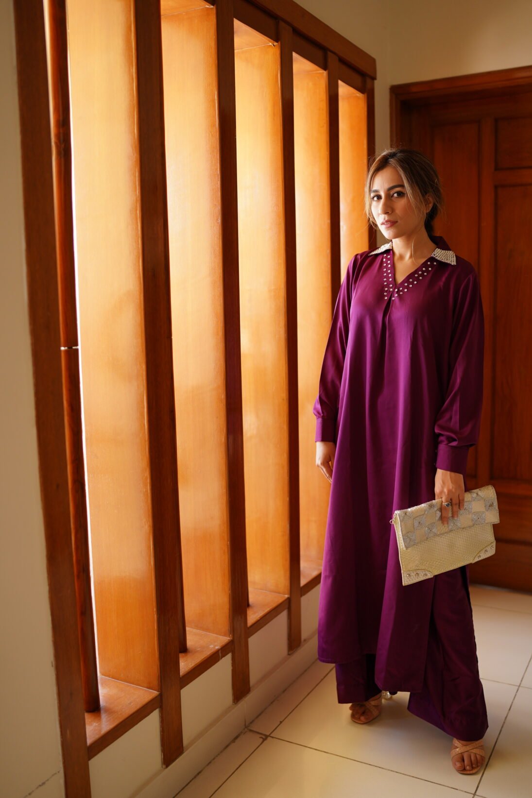 Plum Serenity – Silk 2-Piece Set with Stone-Studded Collar