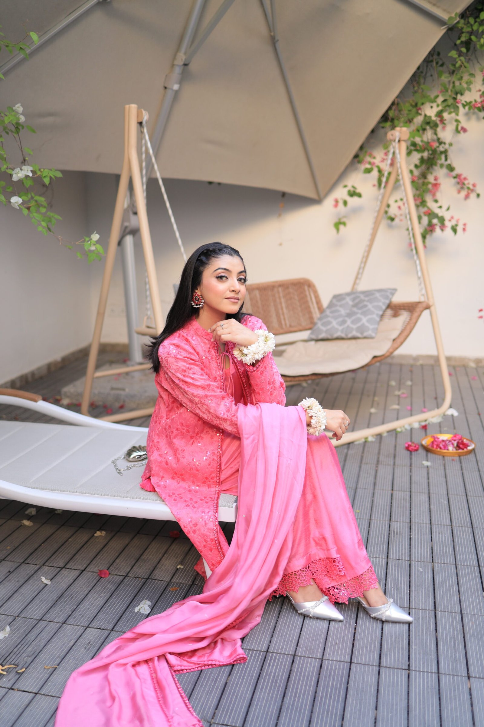 3pc suit, fuchsia pink Eid dress, front cut kameez Pakistan, embroidered chiffon suit, lehenga pants outfit, Pakistani formal wear, Eid outfit for women, luxury pret wear, festive pink dress, traditional modern suit, chiffon dupatta suit, formal 3 piece suit Pakistan