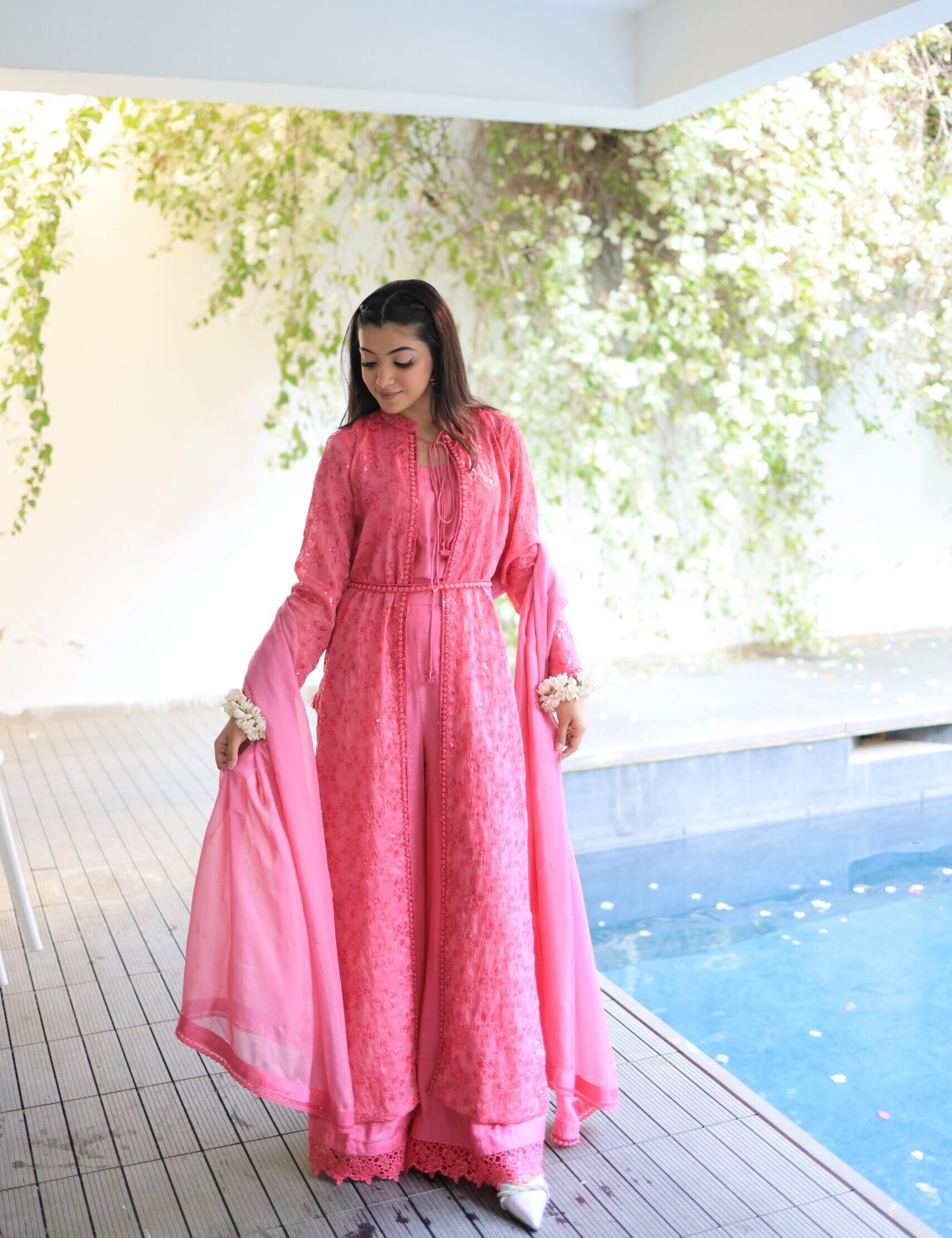 3pc suit, fuchsia pink Eid dress, front cut kameez Pakistan, embroidered chiffon suit, lehenga pants outfit, Pakistani formal wear, Eid outfit for women, luxury pret wear, festive pink dress, traditional modern suit, chiffon dupatta suit, formal 3 piece suit Pakistan