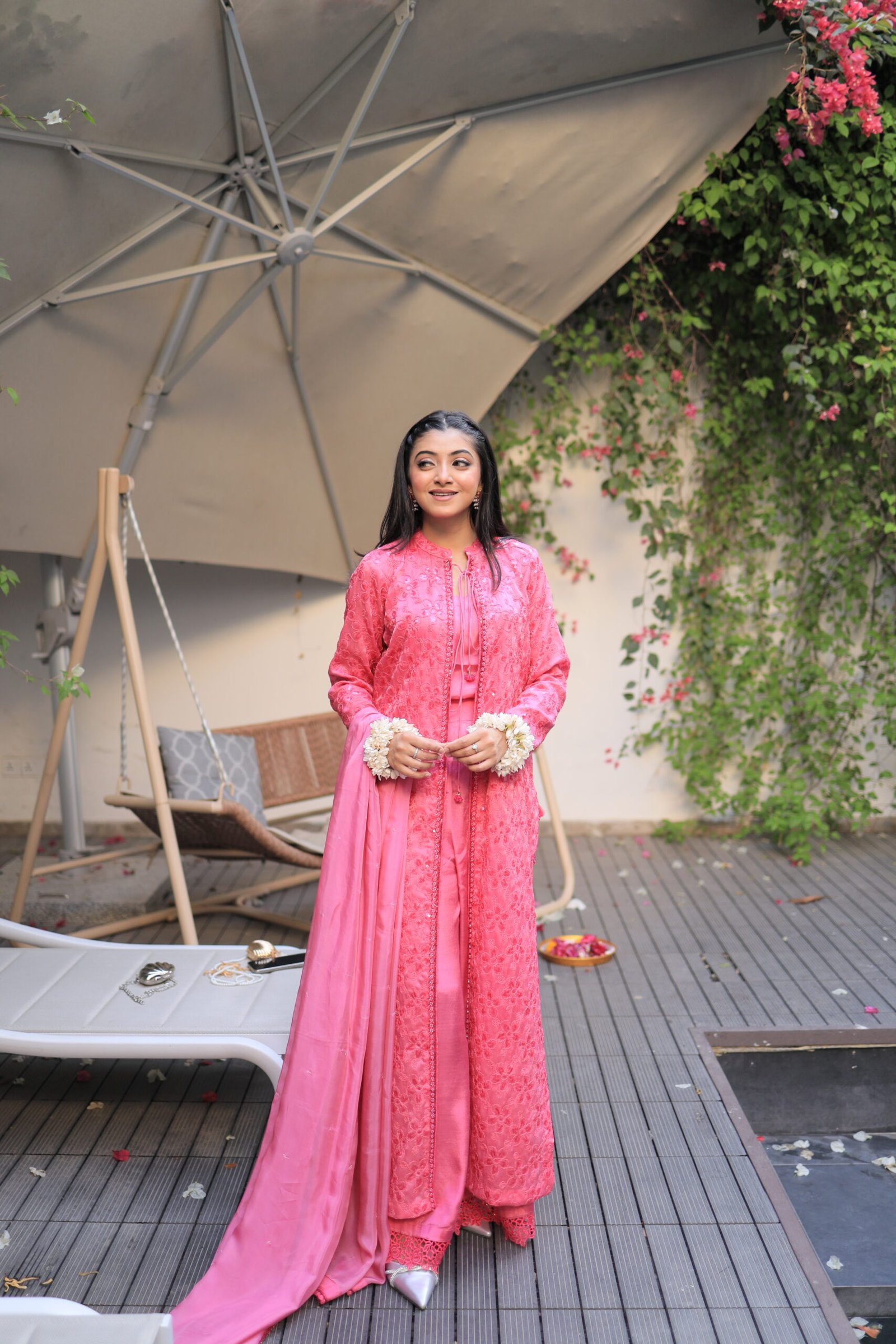 3pc suit, fuchsia pink Eid dress, front cut kameez Pakistan, embroidered chiffon suit, lehenga pants outfit, Pakistani formal wear, Eid outfit for women, luxury pret wear, festive pink dress, traditional modern suit, chiffon dupatta suit, formal 3 piece suit Pakistan