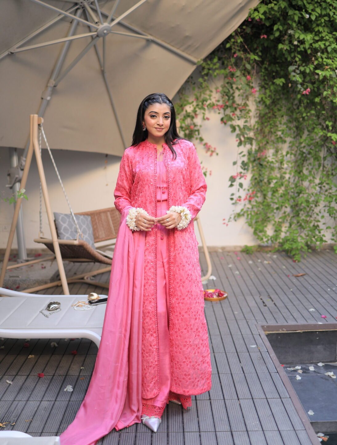 3pc suit, fuchsia pink Eid dress, front cut kameez Pakistan, embroidered chiffon suit, lehenga pants outfit, Pakistani formal wear, Eid outfit for women, luxury pret wear, festive pink dress, traditional modern suit, chiffon dupatta suit, formal 3 piece suit Pakistan