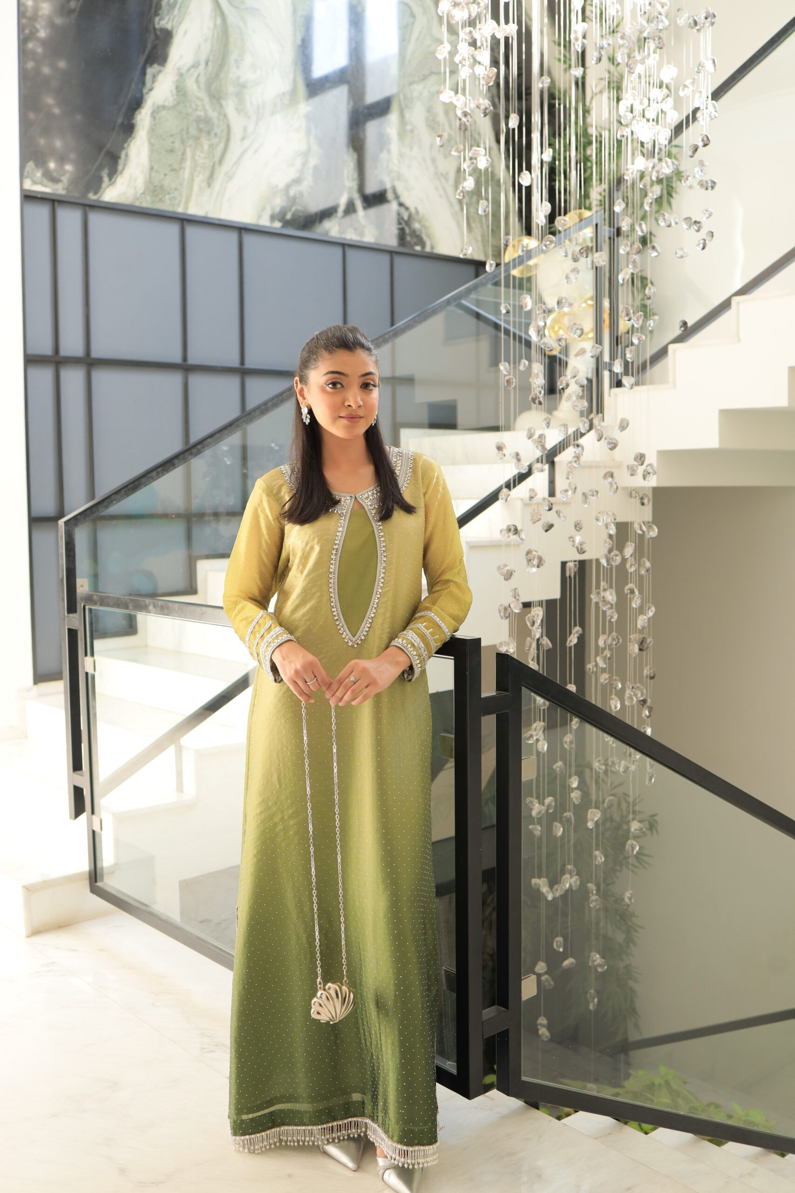 silk kaftan kameez, Eid kaftan dress, luxury Eid outfit Pakistan, soft silk kaftan, festive kaftan style kameez, elegant green Eid dress