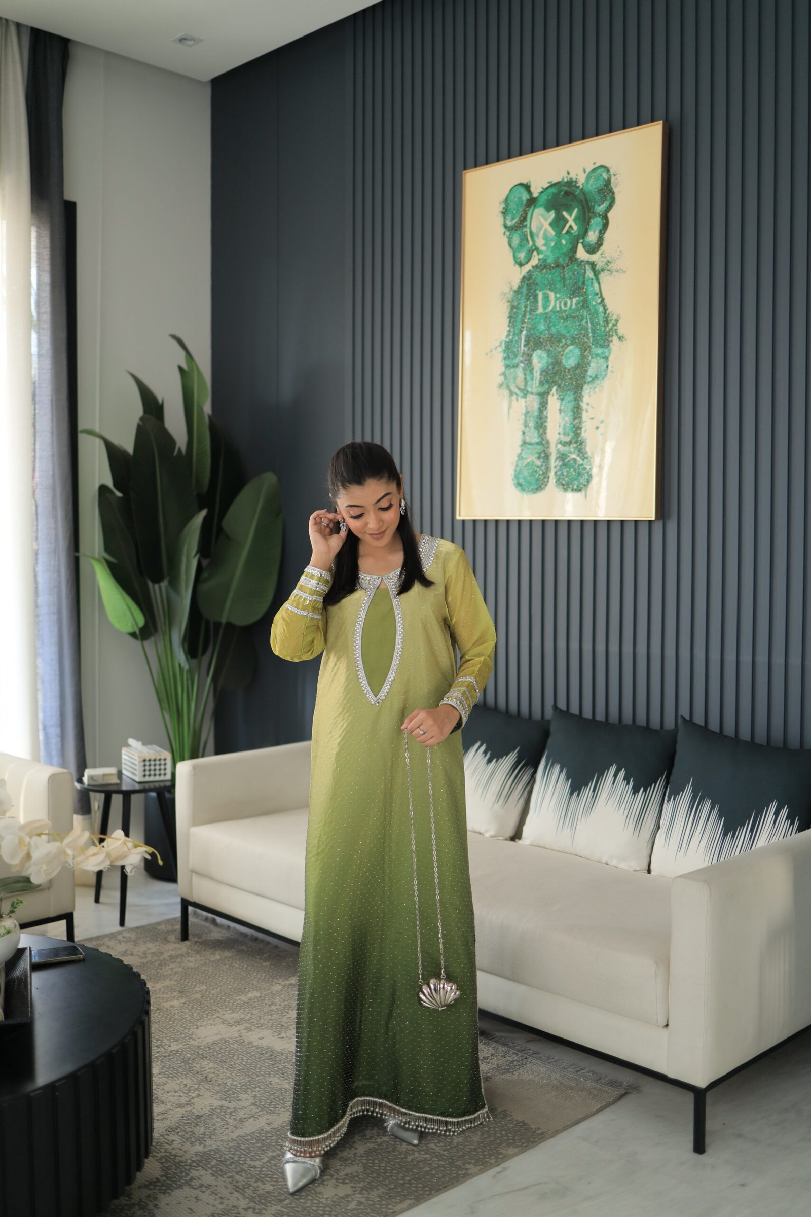 kaftan, silk kaftan kameez, Eid kaftan dress, luxury Eid outfit Pakistan, soft silk kaftan, festive kaftan style kameez, elegant green Eid dress, formal kaftan for women, designer Eid wear 2026, kaftan for Eid soiree