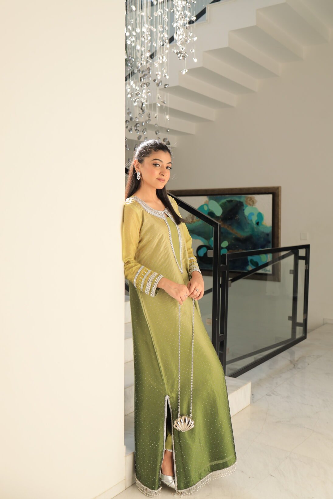 kaftan, silk kaftan kameez, Eid kaftan dress, luxury Eid outfit Pakistan, soft silk kaftan, festive kaftan style kameez, elegant green Eid dress, formal kaftan for women, designer Eid wear 2026, kaftan for Eid soiree